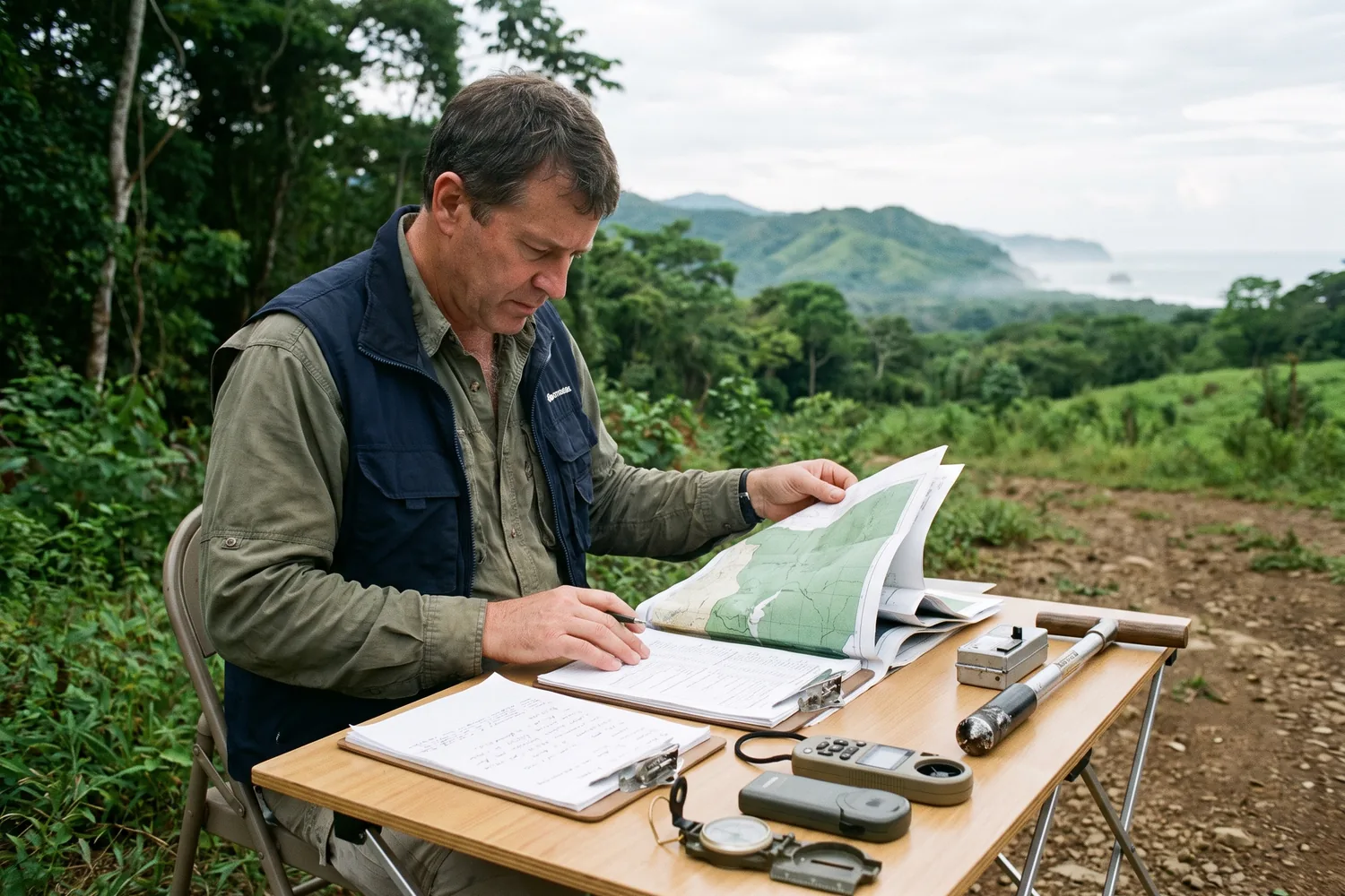 Científica ambiental revisando un mapa de línea base y datos de campo en un paisaje tropical hondureño