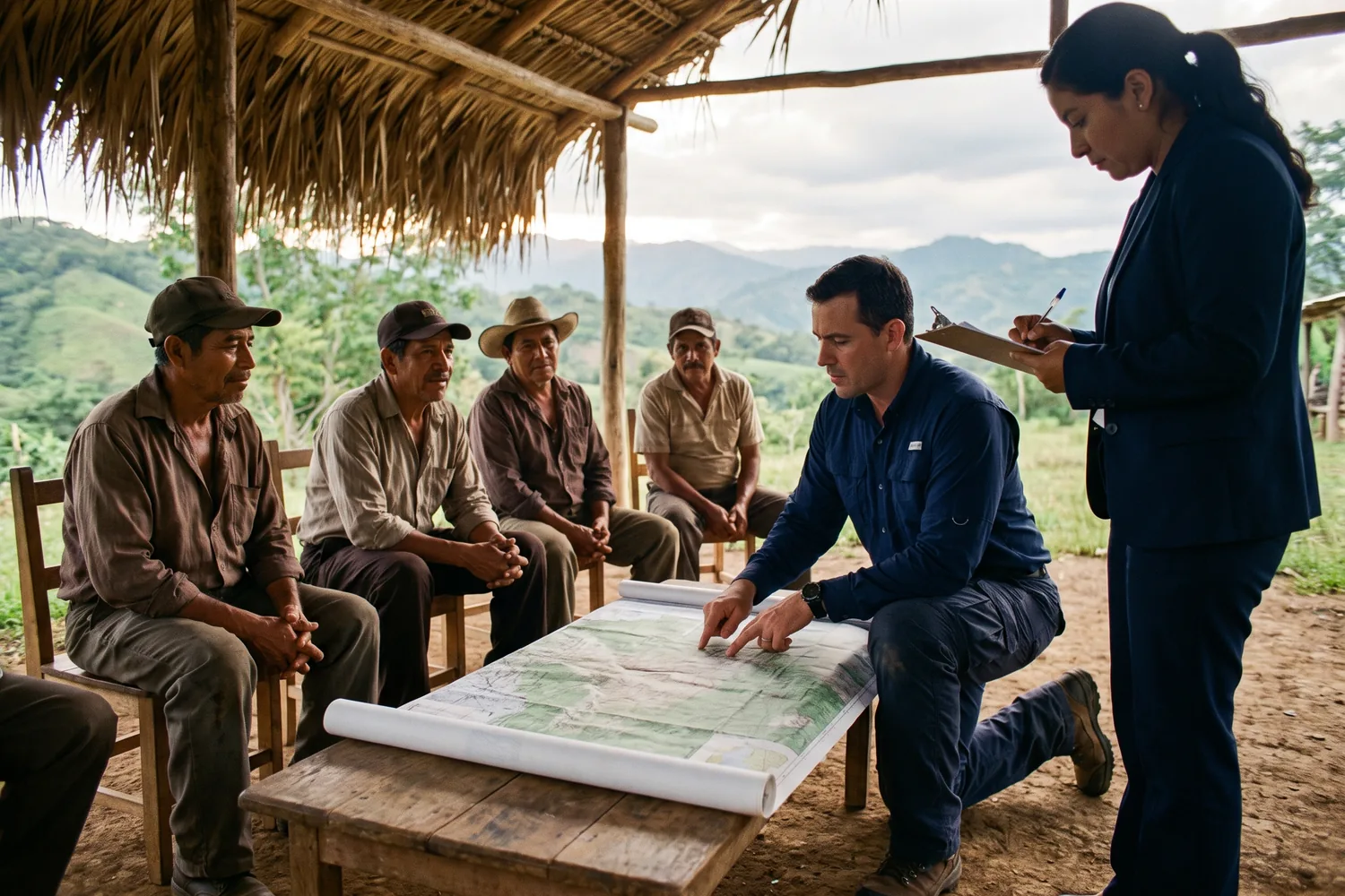 Consulta previa a una comunidad rural en Honduras: especialistas de ACQUA presentan los planos de un proyecto a autoridades comunitarias en una asamblea al aire libre